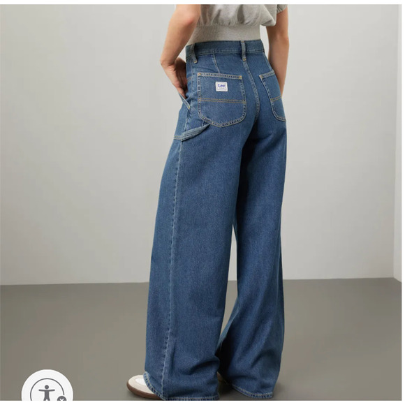 Lee Wide Leg Cargo Jeans Denim SIZE 27 Medium Wash Slouchy Long Carpenter $118 - Picture 3 of 13